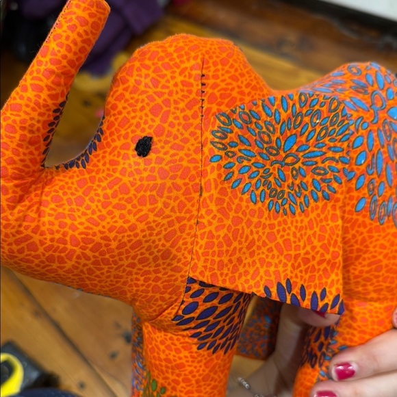 Handmade Orange and Blue Elephant Decor Accent Stuffed Animal Plush Toy - Picture 6 of 8